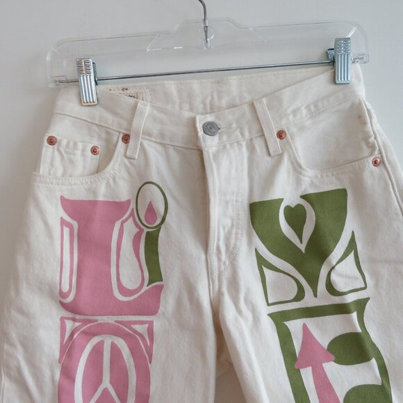 LEVI'S 501 90s Shorts Love Trip in Light White Stonewash Hippie Festival - Picture 3 of 14
